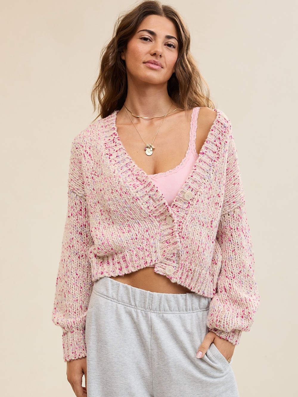 NWT Aerie Women's Speckled Cropped Cardigan Sweater in Pink Confetti